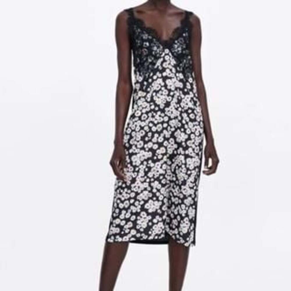 Zara Daisy Print Camisole Slip Dress, Lace Trim, Midi, Women's Small